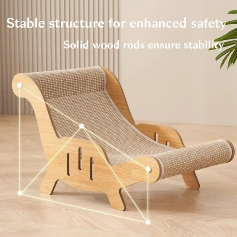 Stable cat scratching lounge with supportive wooden structure