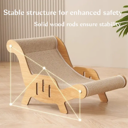 Stable cat scratching lounge with supportive wooden structure