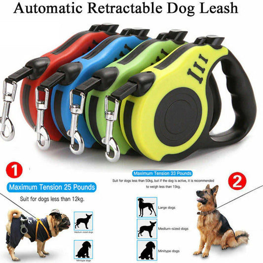 Automatic retractable dog leash available in multiple colors