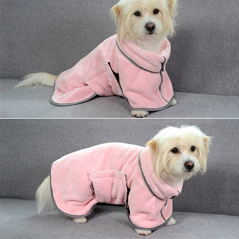 Dog wearing pink and green Relvya DryWrap pet bathrobes