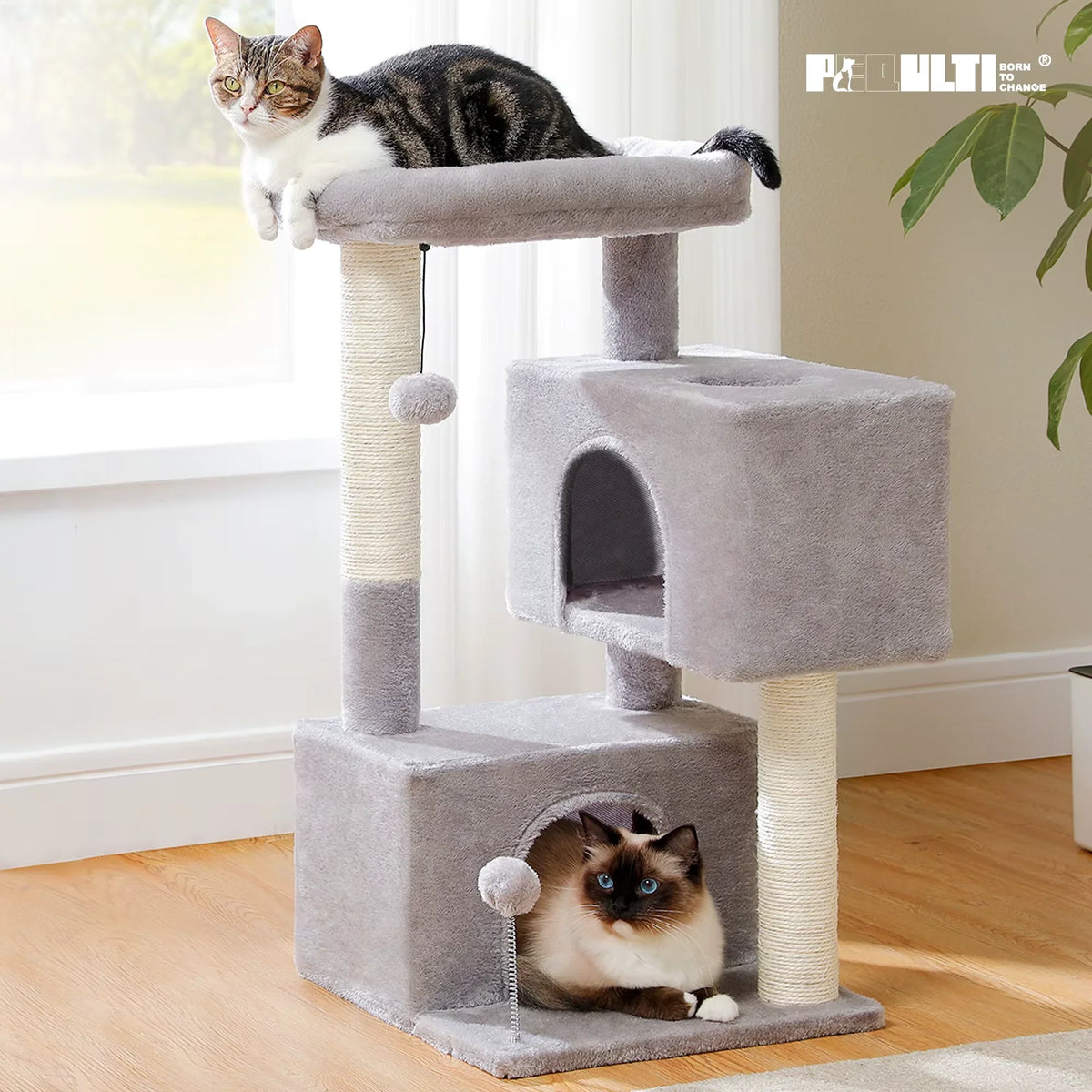 Compact gray cat tower with scratching post and enclosed cat bed