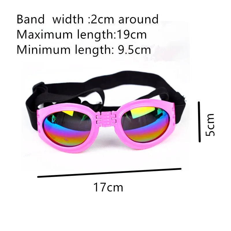 Pet goggles size guide with adjustable band measurements