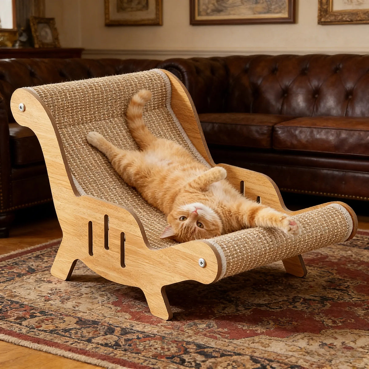 Cat relaxing on a curved cardboard scratching lounge chair