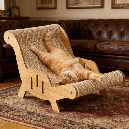 Cat relaxing on a curved cardboard scratching lounge chair