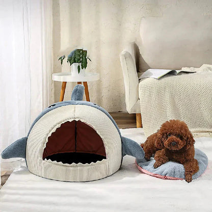 Gray shark-shaped pet bed with soft enclosed sleeping area