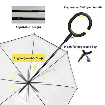 Transparent pet umbrella with adjustable leash and ergonomic handle
