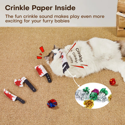 Cat playing with colorful crinkle paper toys filled with catnip