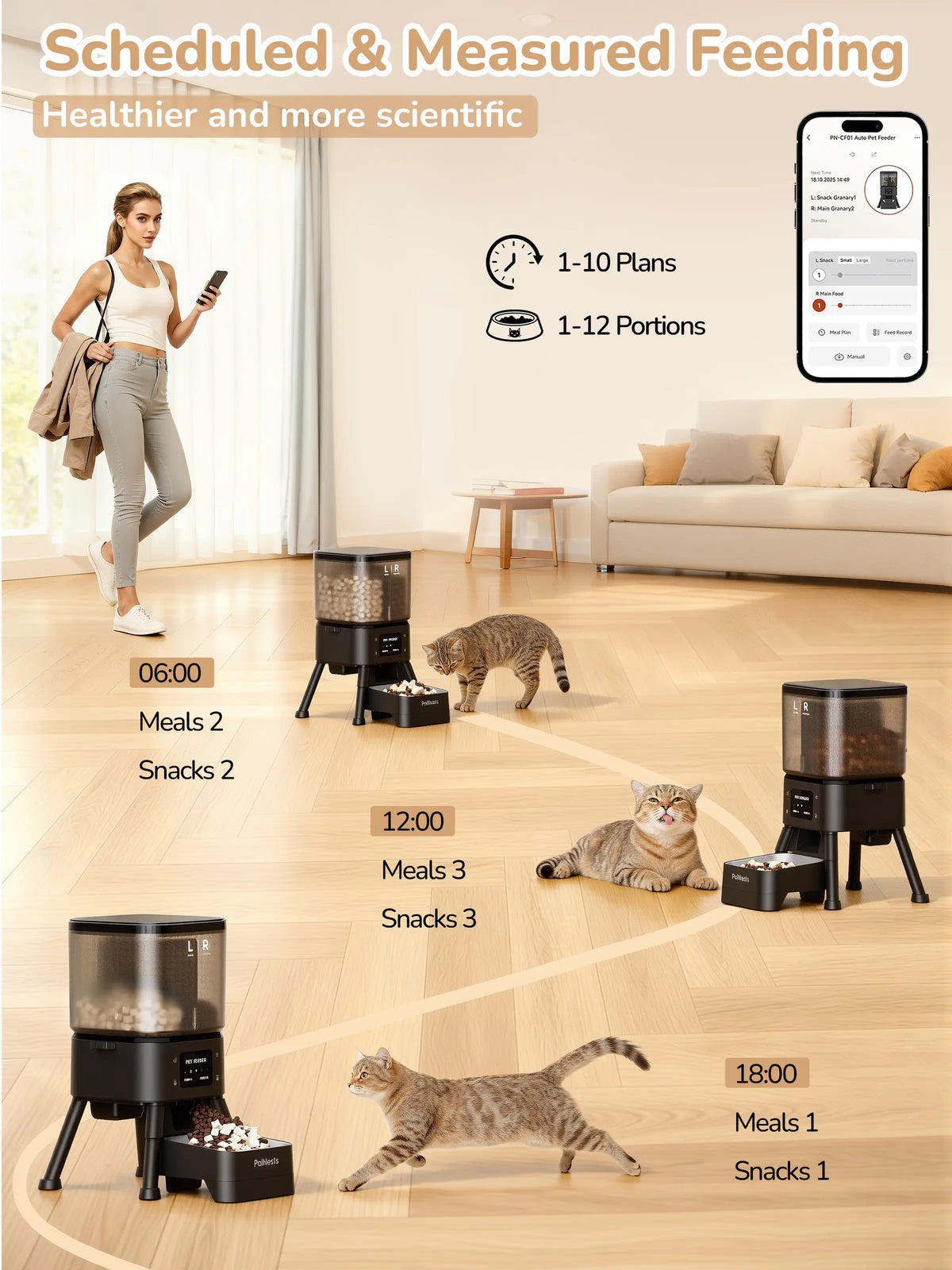 Automatic pet feeder with scheduled and measured feeding