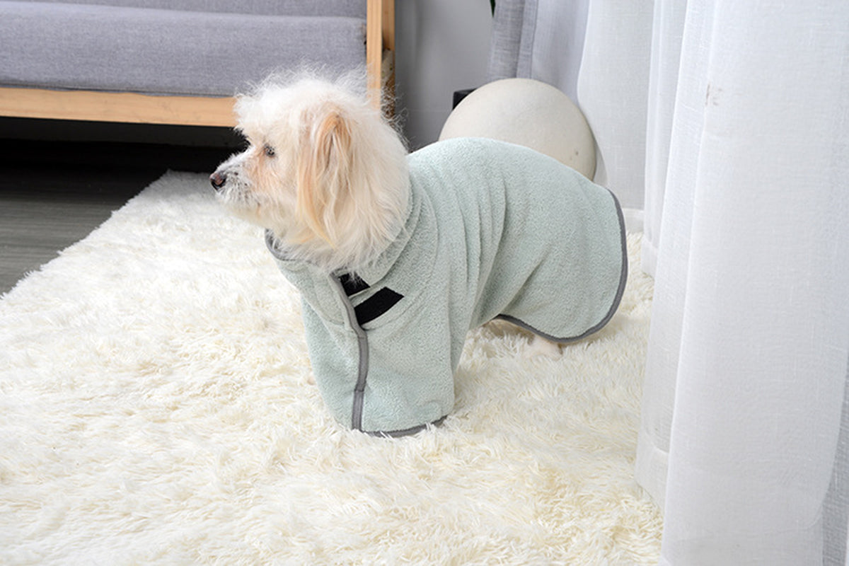Dog wearing green quick-dry pet bathrobe