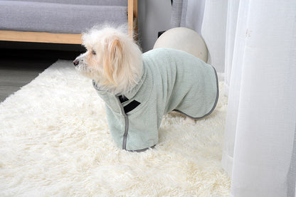 Dog wearing green quick-dry pet bathrobe