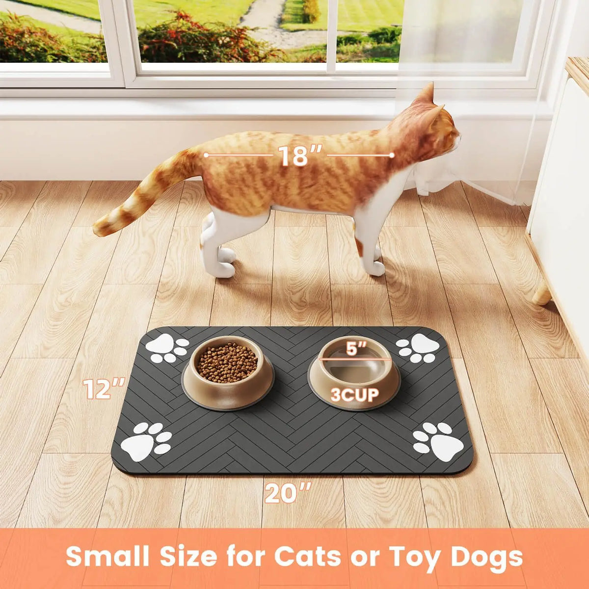 Cat using Relvya CleanPaws absorbent feeding mat