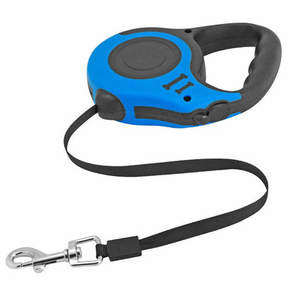 Blue retractable dog leash with wrist handle and leash clip
