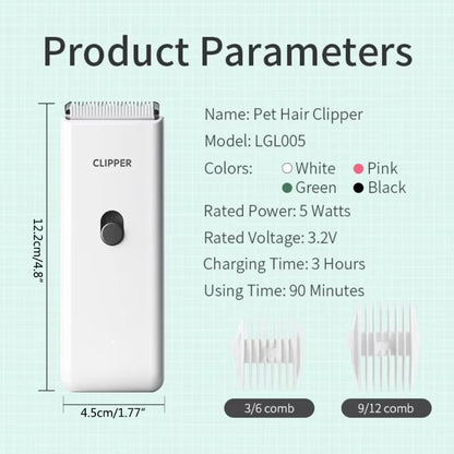 Pet hair clipper product specifications and size details