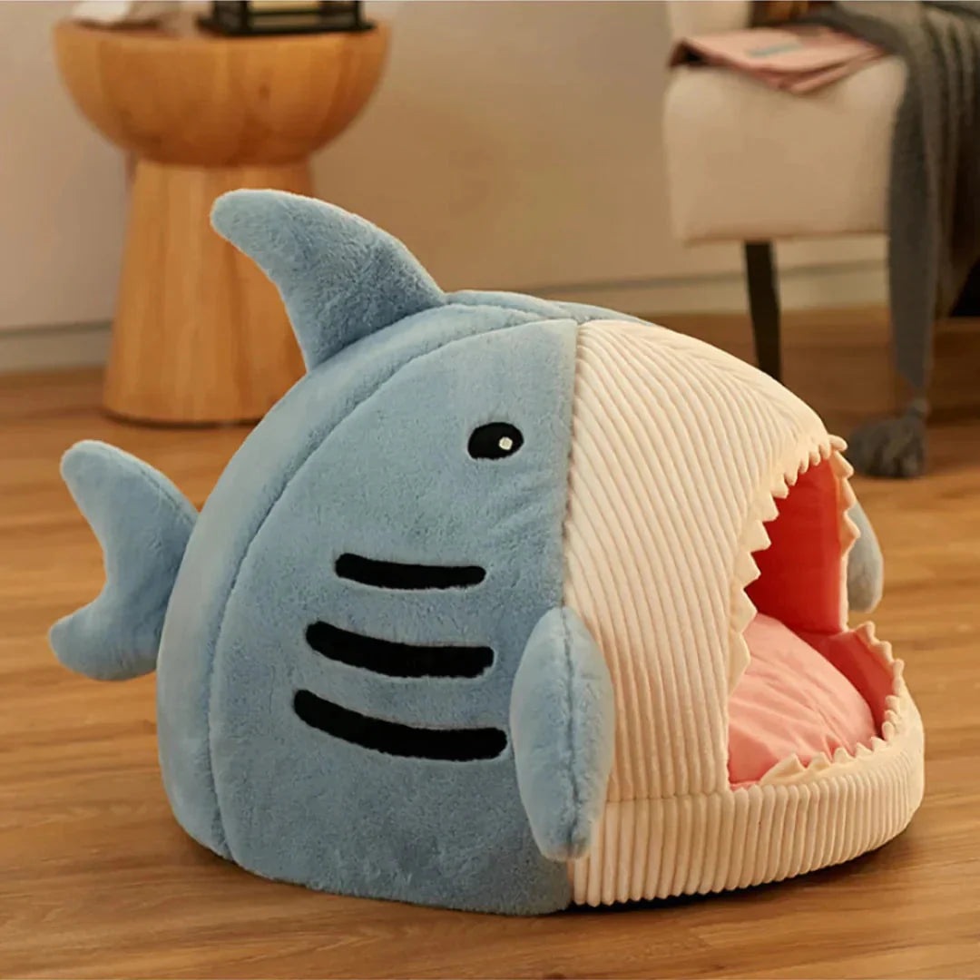 Beige shark-shaped pet bed for cats and small dogs