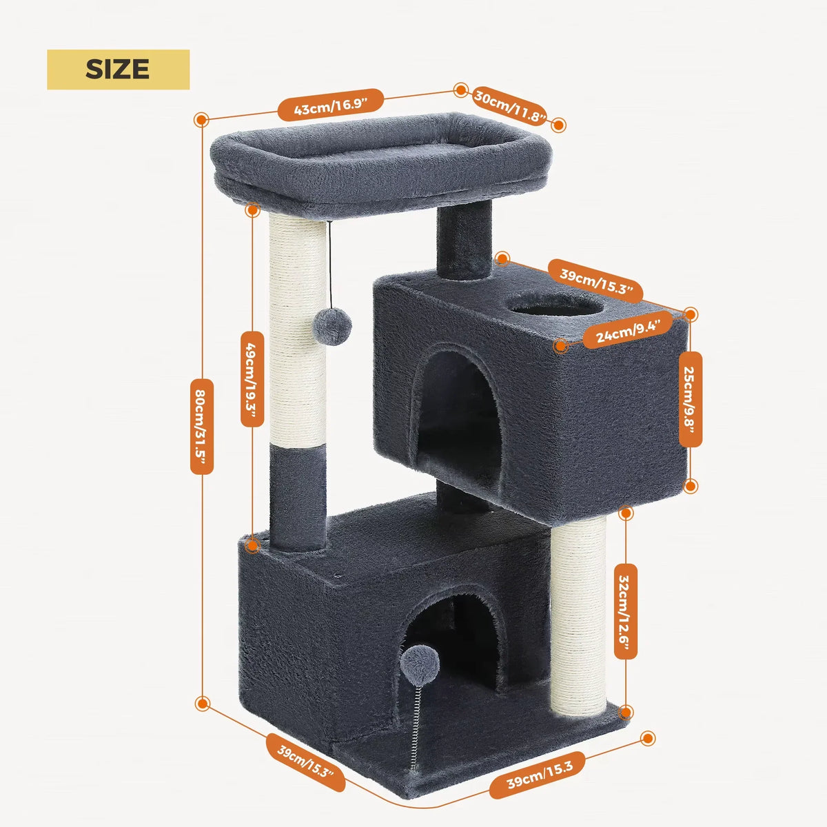 Cat tower structure showing perch scratching post and cat house