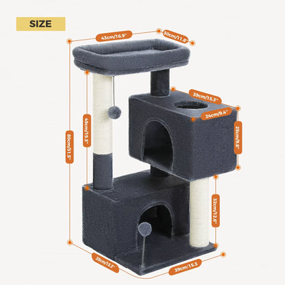 Cat tower structure showing perch scratching post and cat house